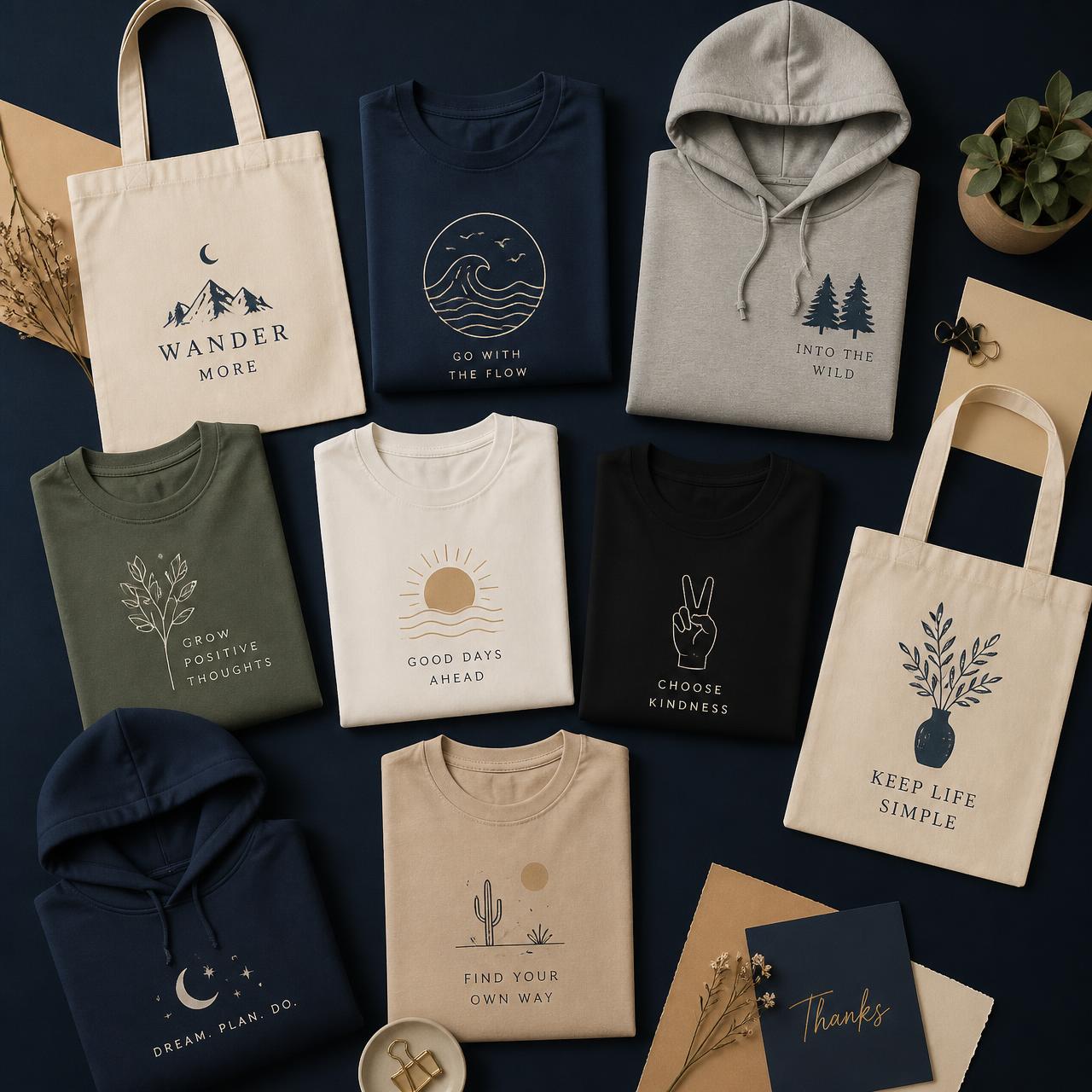 Print-on-demand apparel — tees, hoodies, and tote bags with original designs